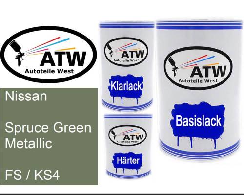 Nissan, Spruce Green Metallic, FS / KS4: 500ml Lackdose + 500ml Klarlack + 250ml Härter - Set, von ATW Autoteile West.
